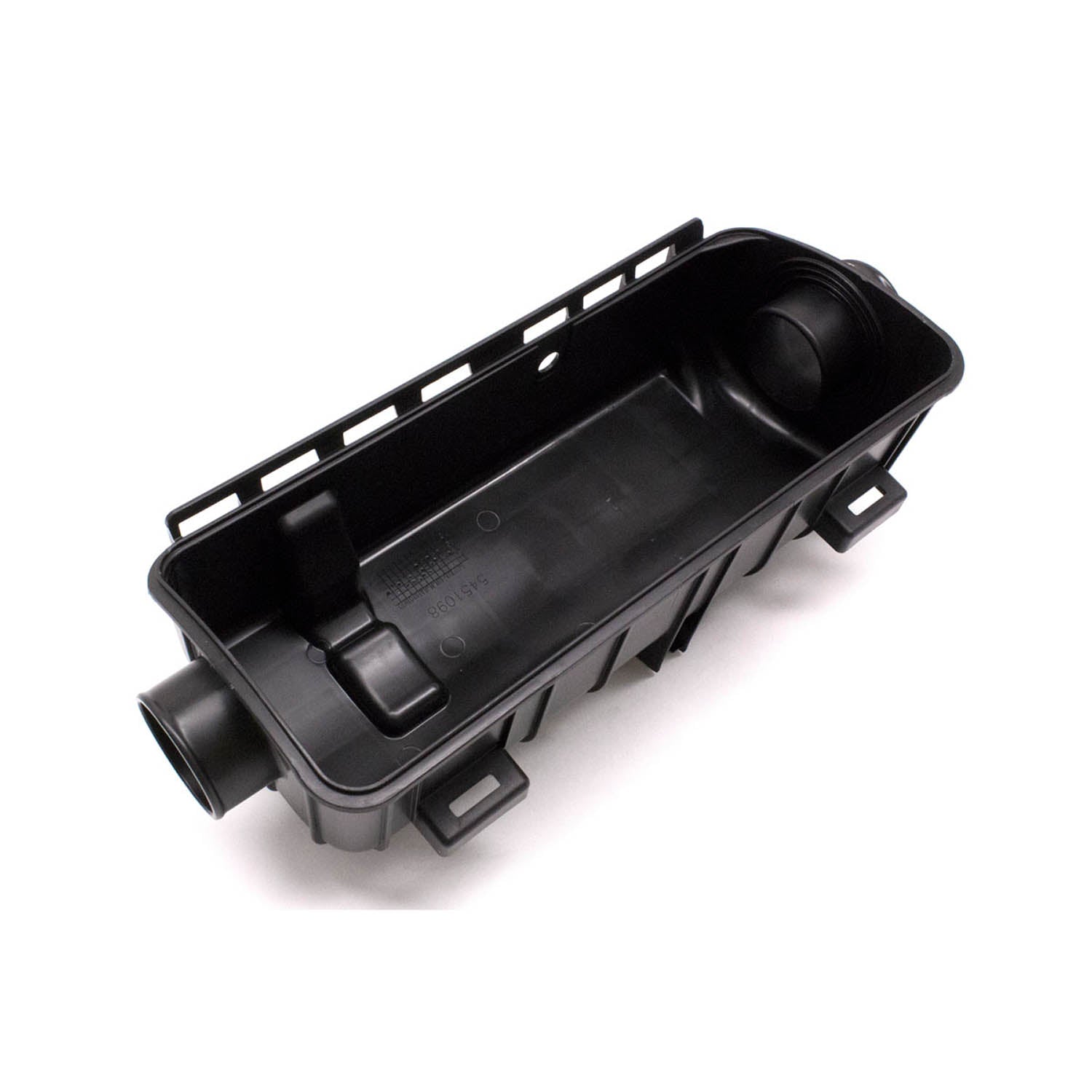 Black rectangular plastic airbox with mounting tabs and cylindrical inlet port.