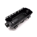 Black rectangular plastic airbox with mounting tabs and cylindrical inlet port.