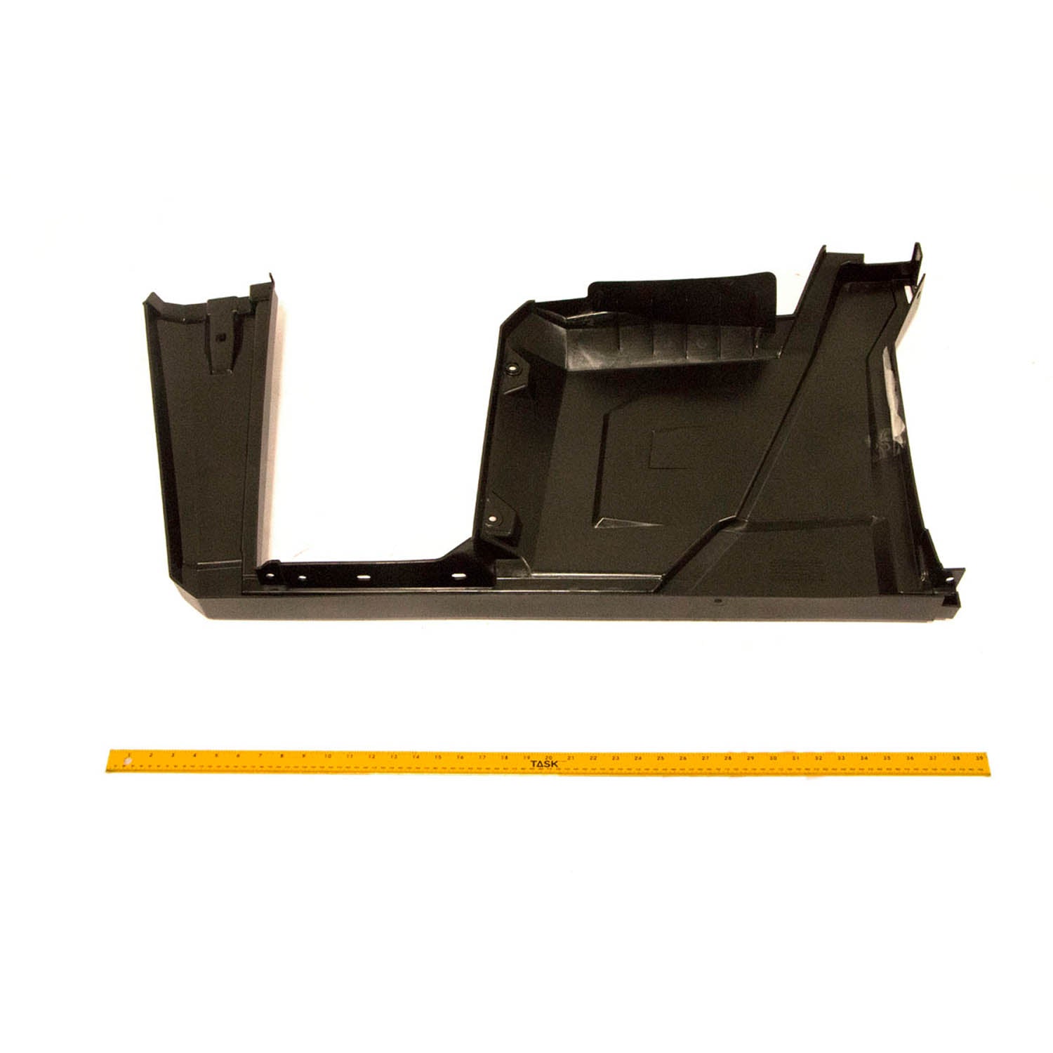 Glossy black plastic right mid fender for Polaris Ranger UTV with molded contours and mounting points.
