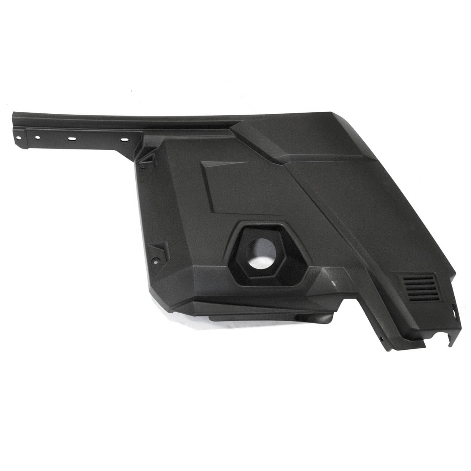 Gloss black plastic rear fender panel for Polaris UTV with angular design and hexagonal mounting hole.