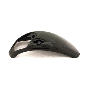 Glossy black molded saddlebag lid with integrated speaker housing and aerodynamic contours.