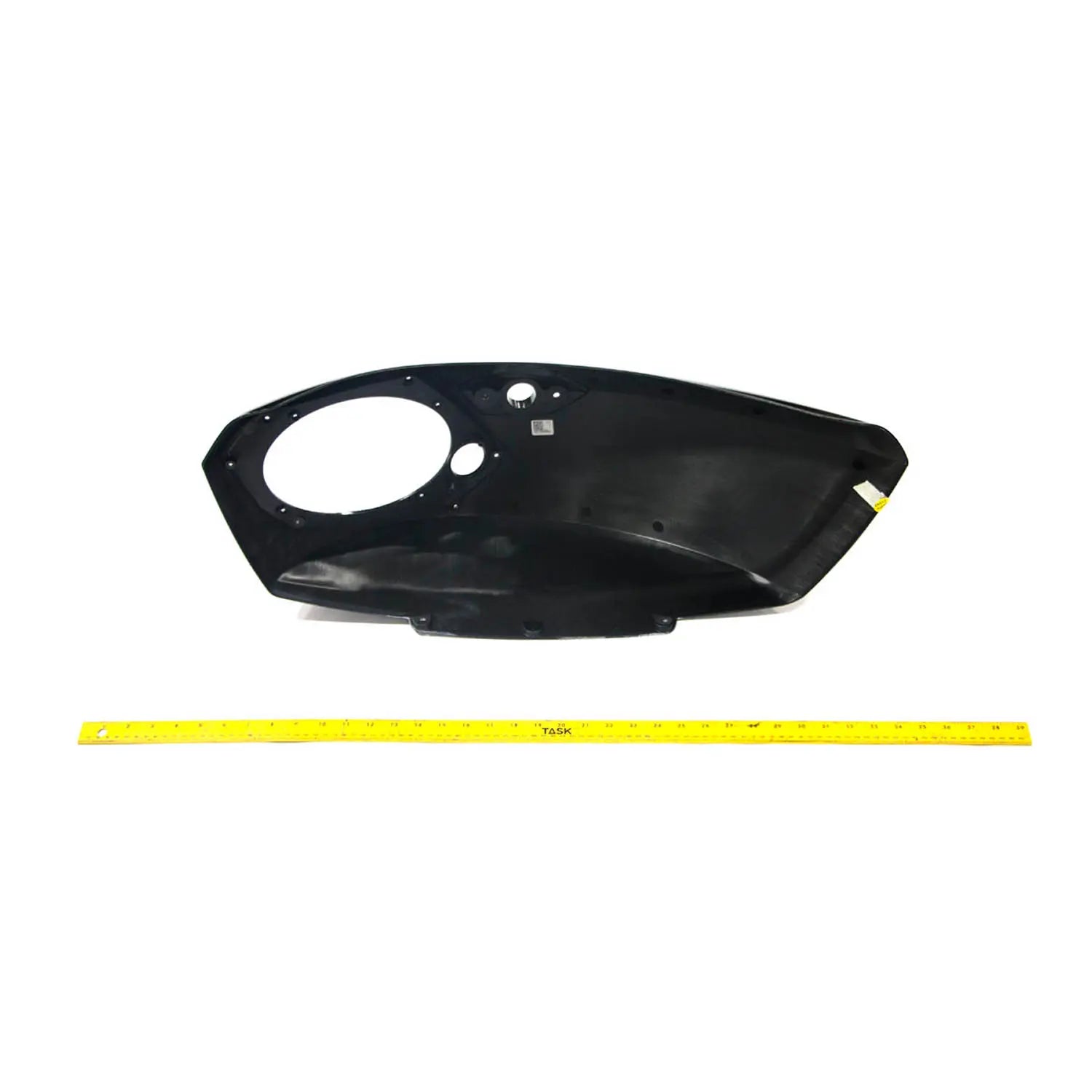Black plastic right saddlebag lid with circular speaker cutout and mounting holes.