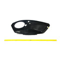 Black plastic right saddlebag lid with circular speaker cutout and mounting holes.