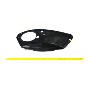 Black plastic right saddlebag lid with circular speaker cutout and mounting holes.