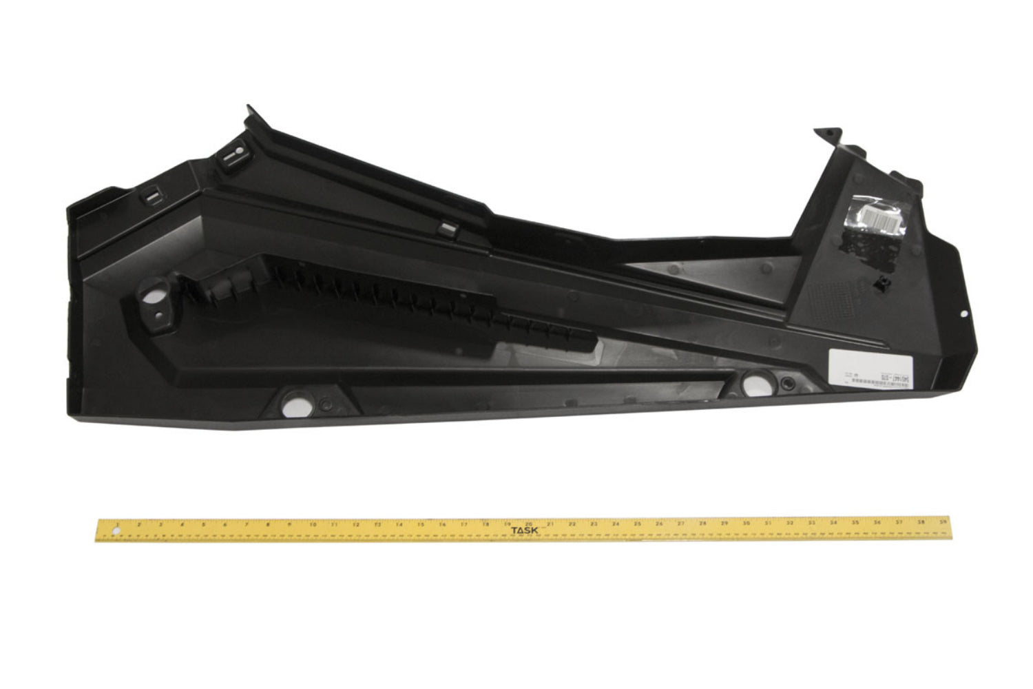 Gloss black left rocker panel for Polaris off-road vehicle with angled design and mounting points.