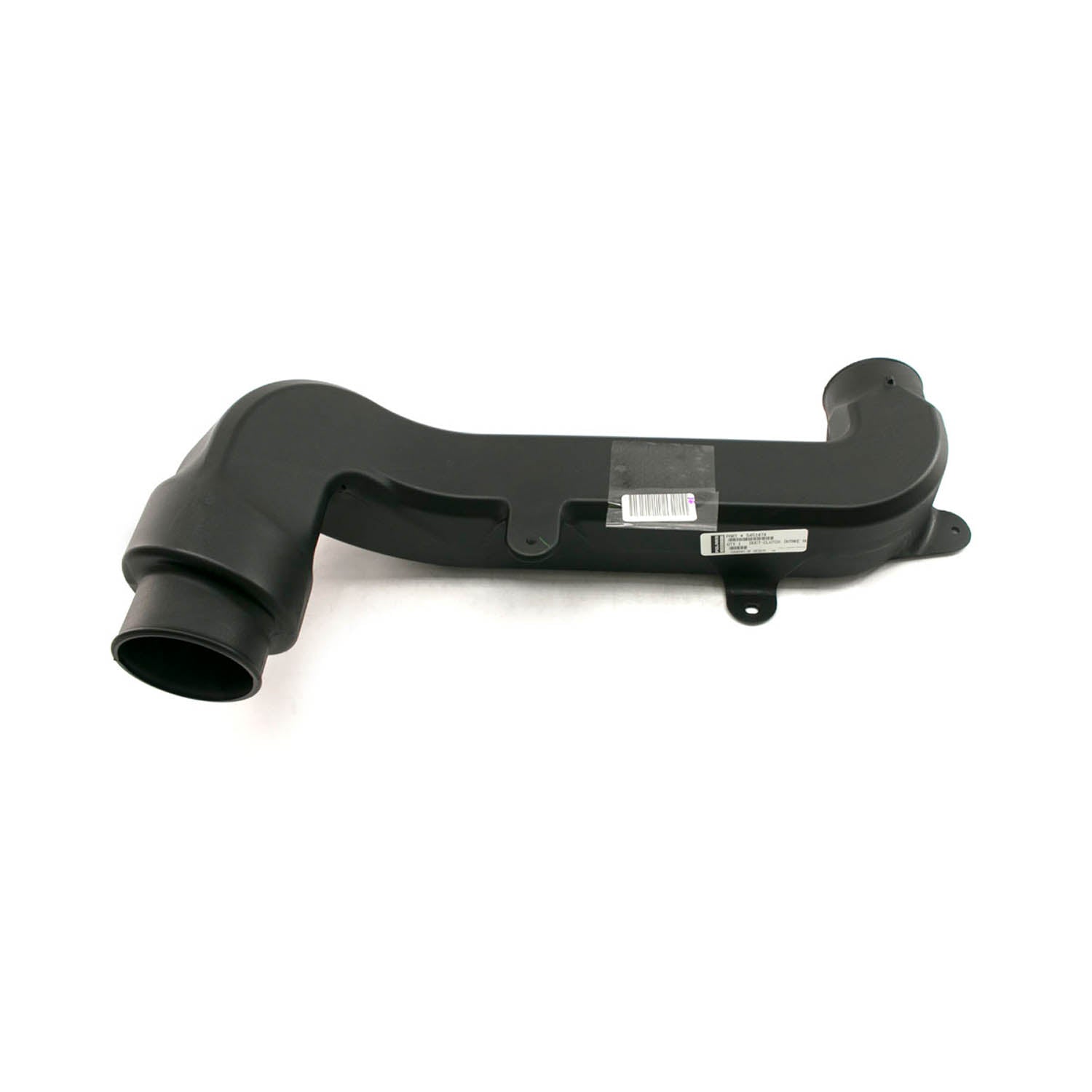 Black plastic clutch intake duct with curved shape and mounting bracket for Polaris vehicles.