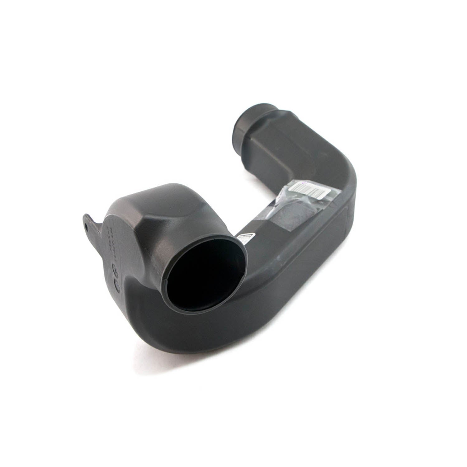 Black curved plastic clutch duct exhaust with a wide round opening and mounting features.