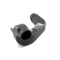 Black curved plastic clutch duct exhaust with a wide round opening and mounting features.