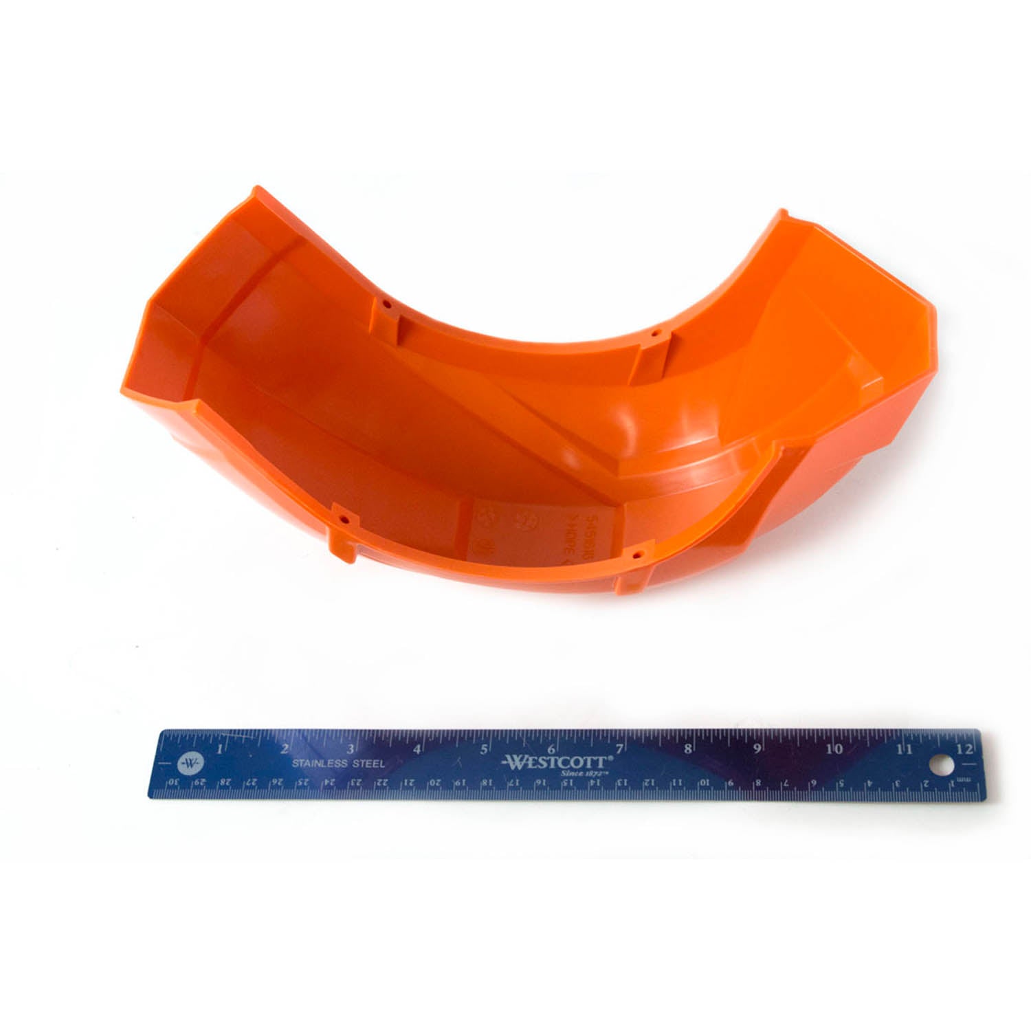 Bright orange curved plastic hose cover with mounting tabs, shown next to a blue ruler for scale.