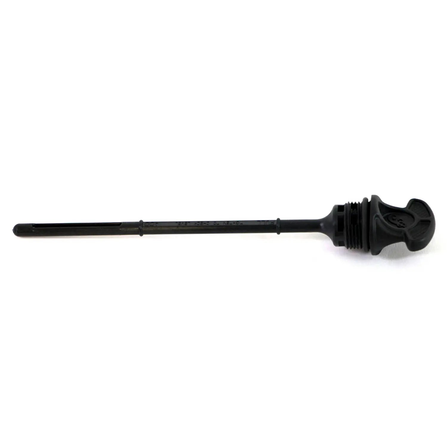 The Oil Dipstick by Polaris is a black plastic dipstick with a grooved handle and threaded cap, designed to measure vehicle fluid levels—ideal for Indian motorcycles or as a quality OEM Polaris part. Shown on a white background.