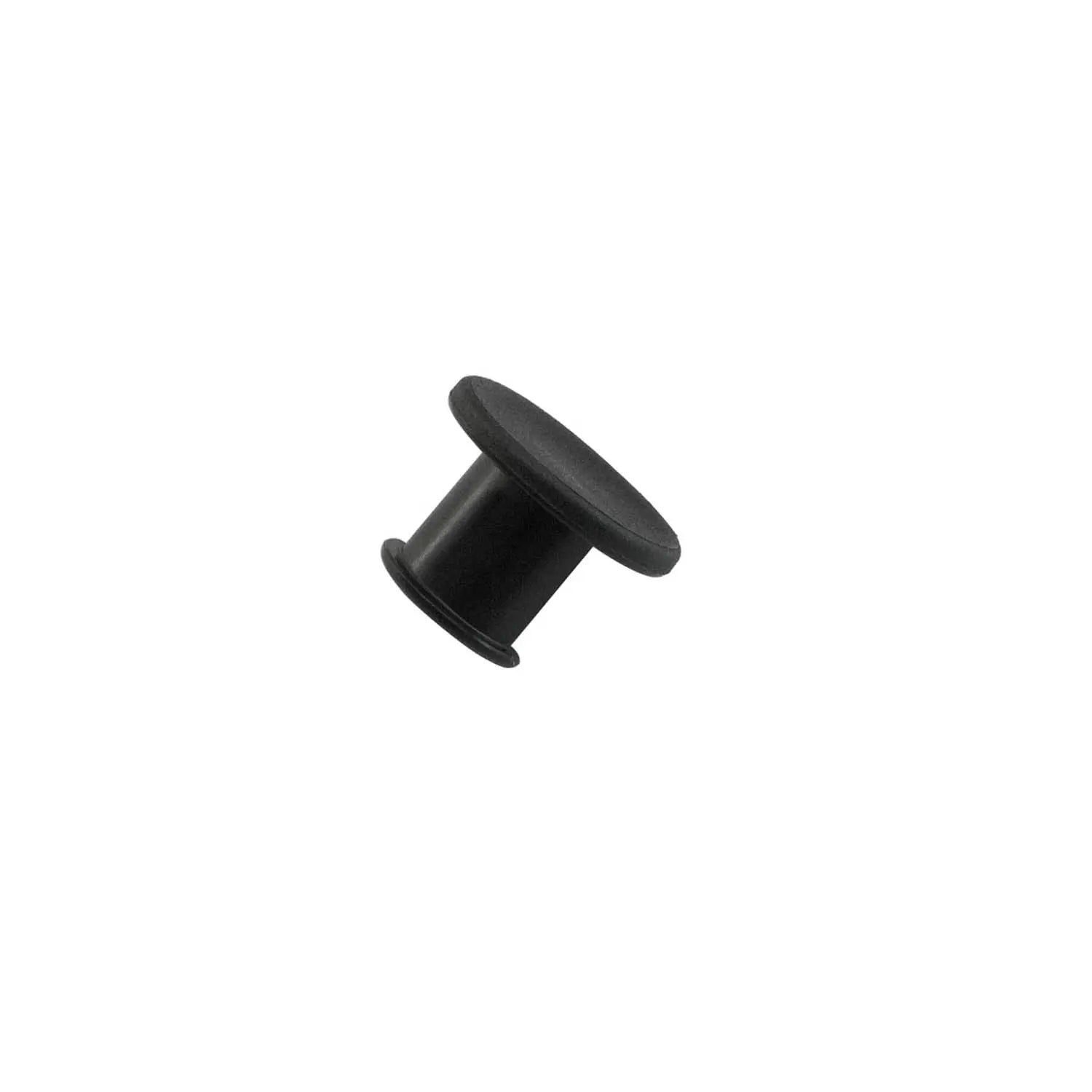 Black cylindrical valve cover insert with flat top and slightly flared base, made of durable rubber.