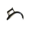 Black plastic oil drain diverter with curved clip and rectangular mounting bracket.