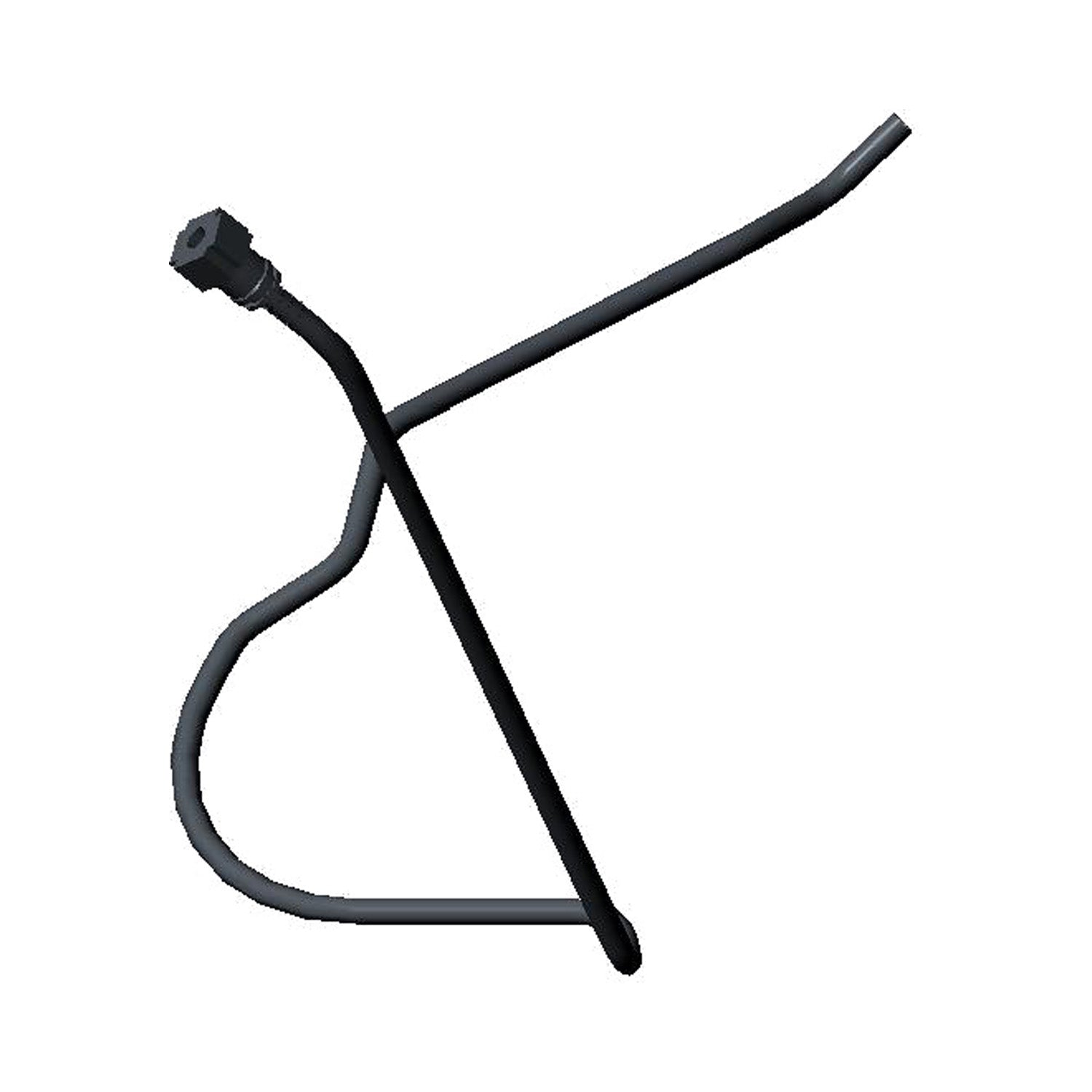A black, curved metal tube with a hexagonal fitting on one end intersects a bent tube—OEM Fuel Hose / Line, Vent, Pump To Evap by Polaris—displayed against a white background.
