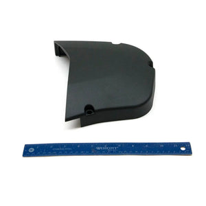 Black curved outer sprocket cover with smooth matte finish and mounting holes, shown next to a blue 12-inch ruler for scale.