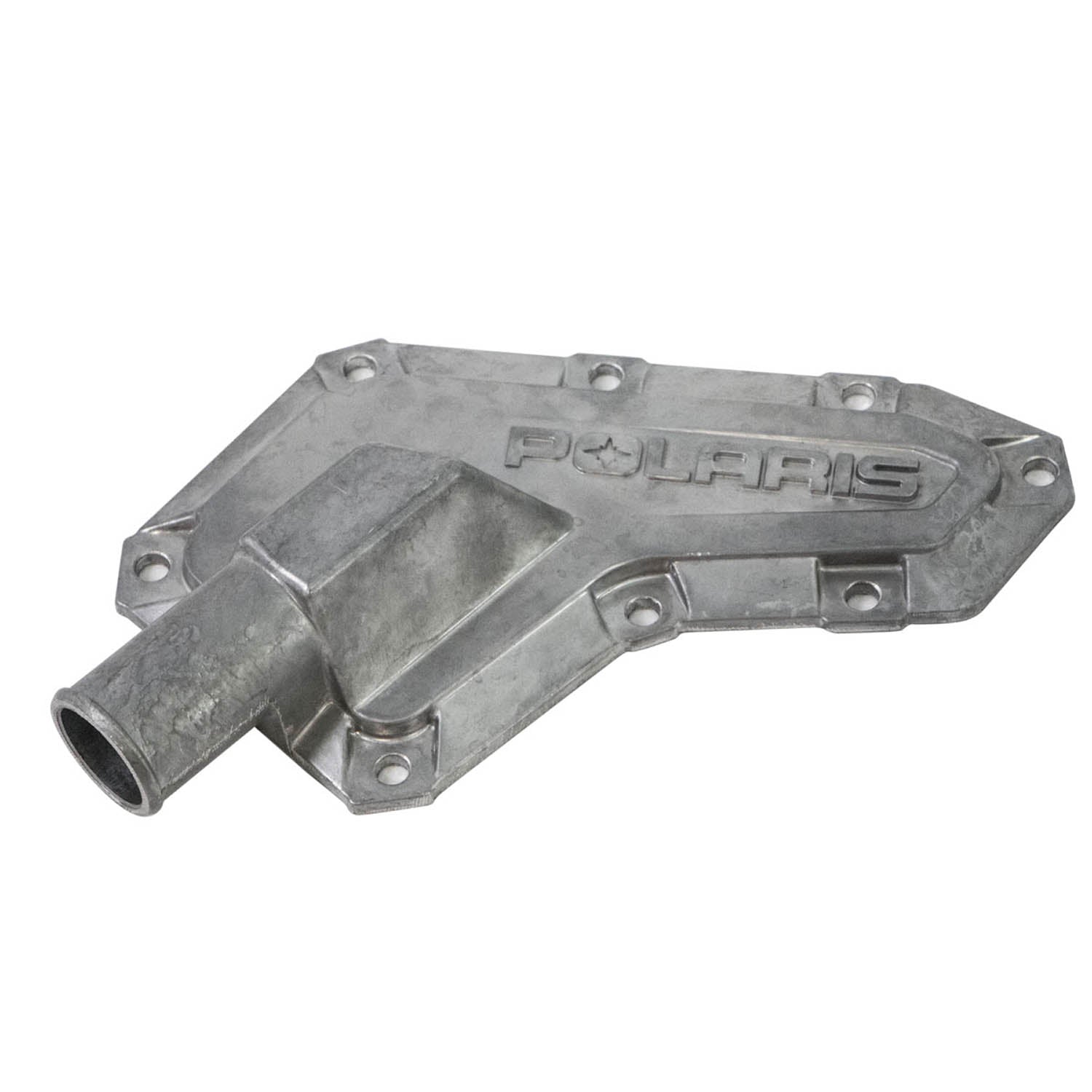 Cast aluminum water pump cover with angular design and Polaris logo embossed on the surface.