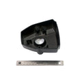 Flat black triangular ignition cover with circular metal insert and mounting points.