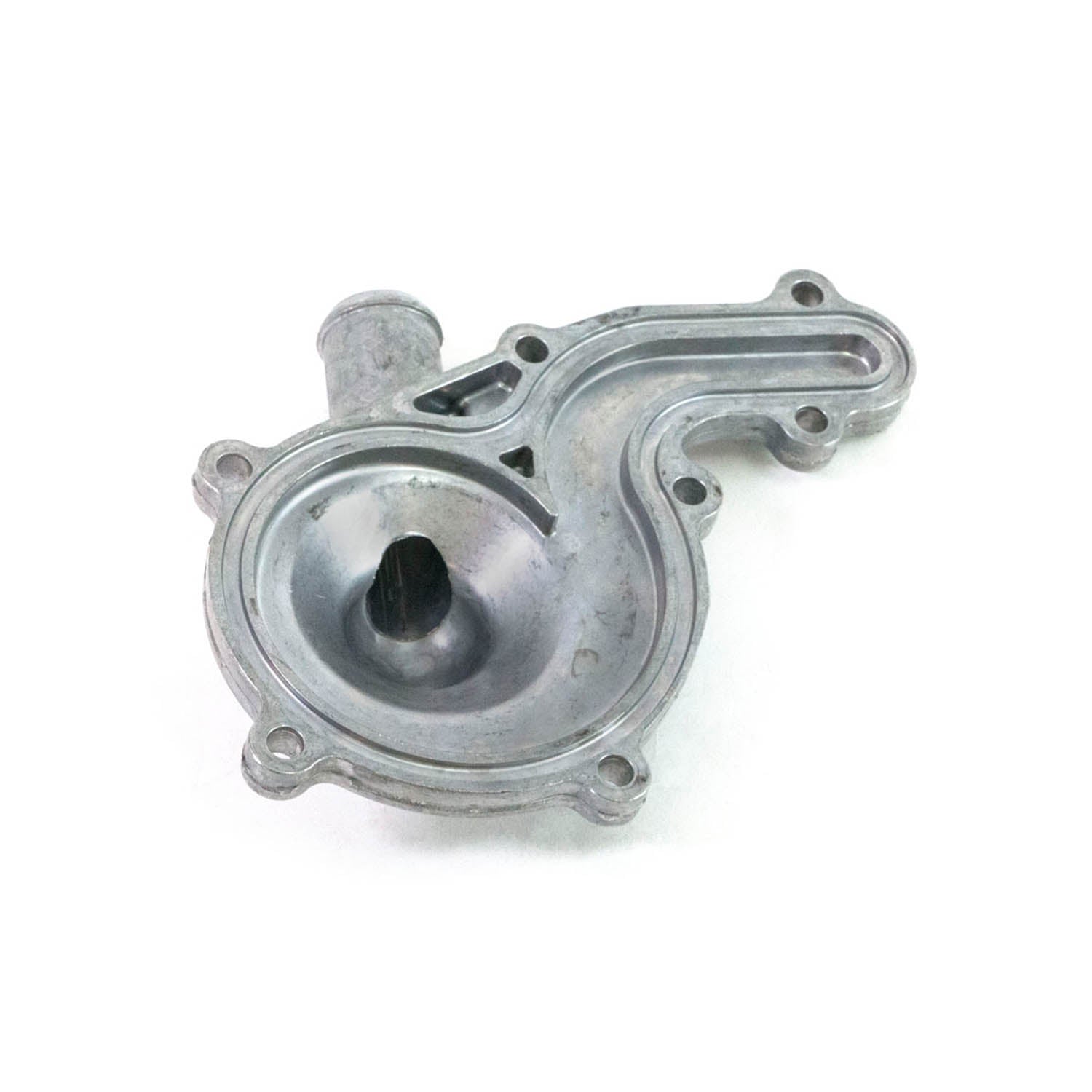 Silver-gray die cast water pump cover with curved housing and mounting holes.