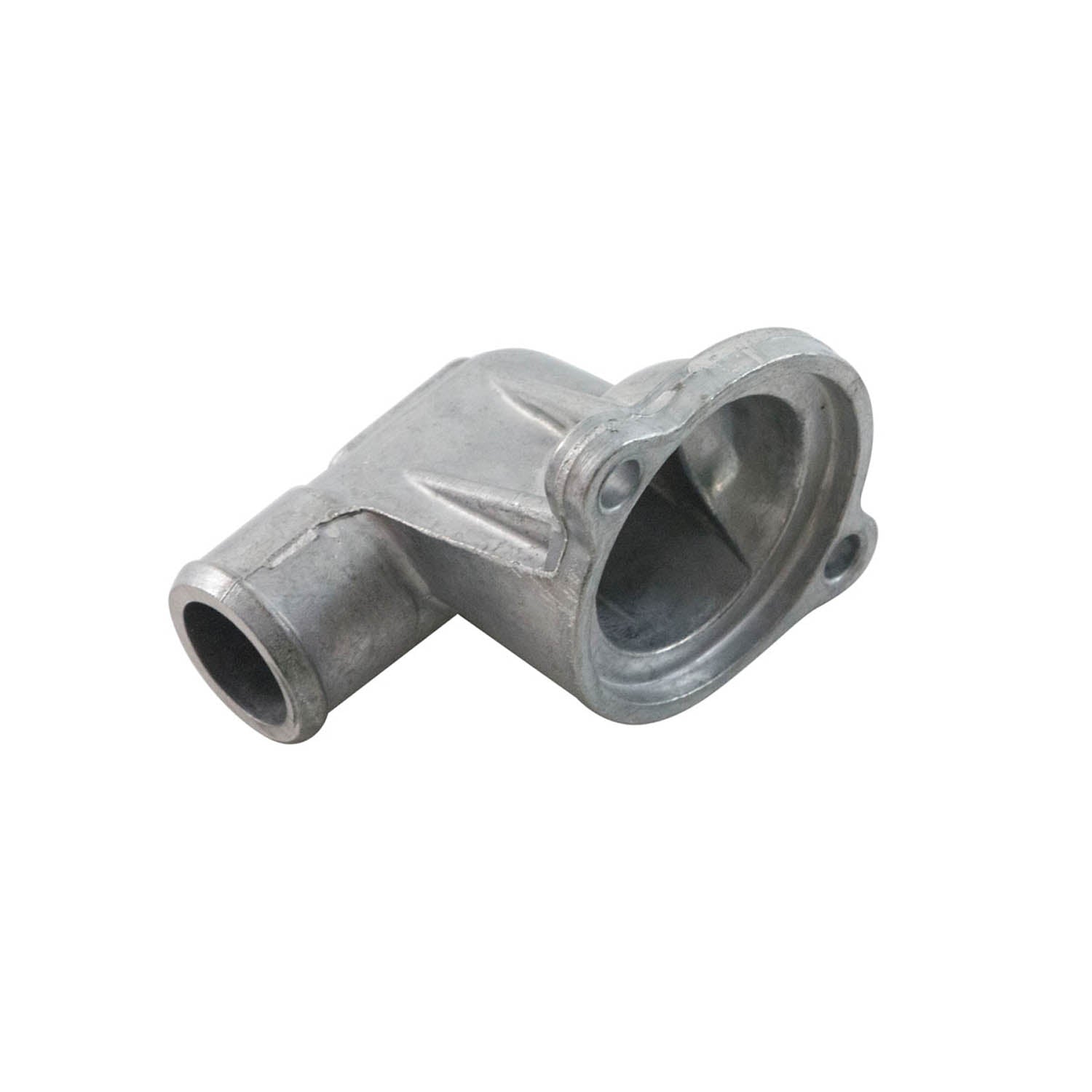 Gray metal thermostat cover with angled tubular extension and mounting flange.