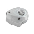 Chrome ignition cover for left hand side with smooth rounded edges and mounting holes.