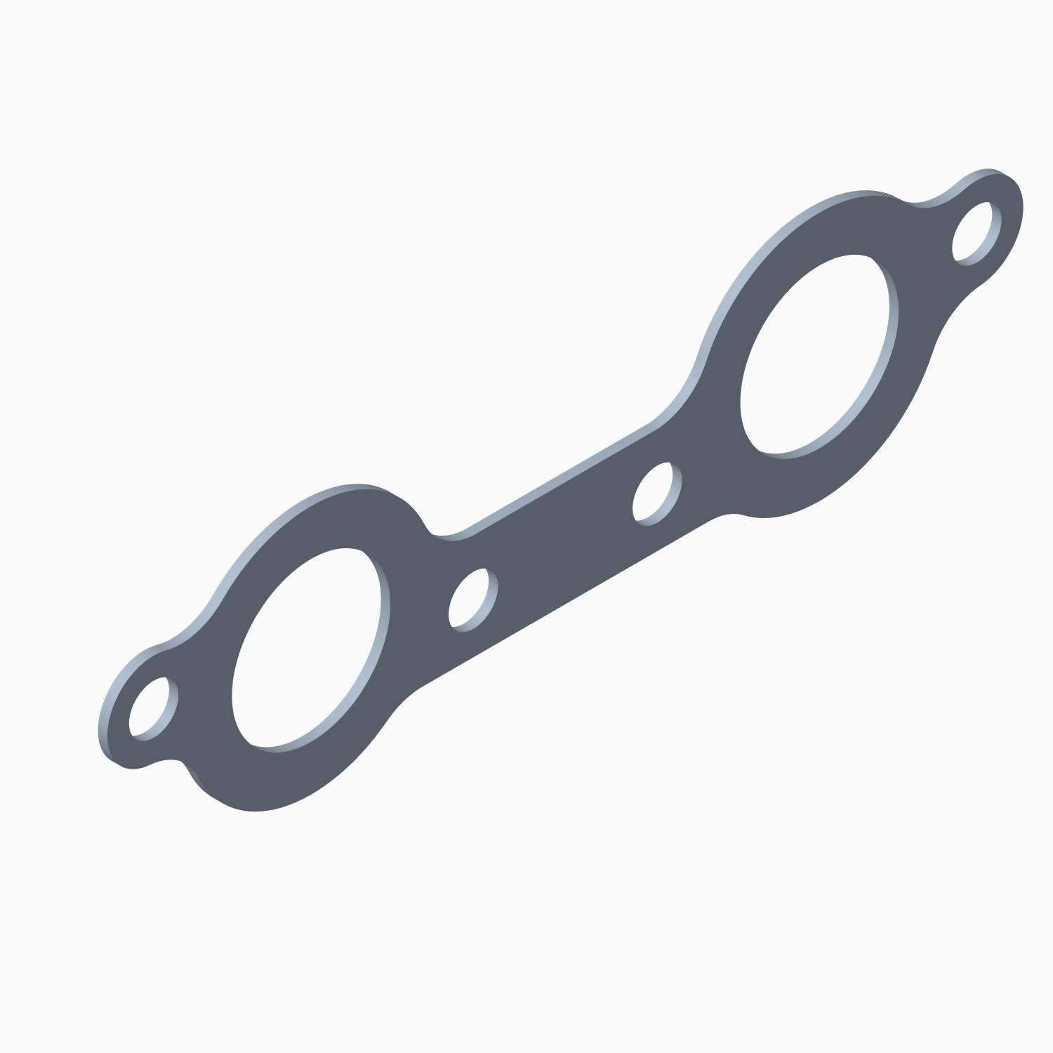 Gray metal exhaust gasket with two large circular openings and three smaller holes, flat and elongated shape.