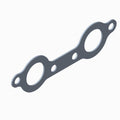Gray metal exhaust gasket with two large circular openings and three smaller holes, flat and elongated shape.