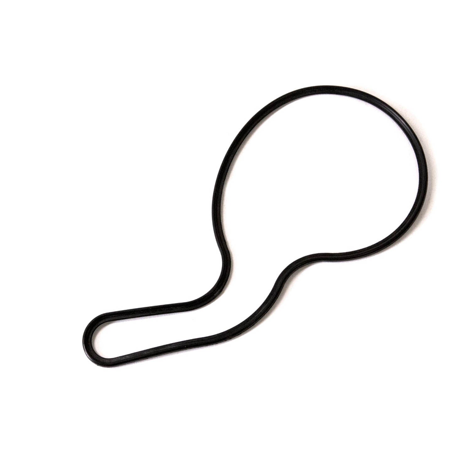 Black rubber water pump cover seal gasket with irregular oval shape and a looped end.