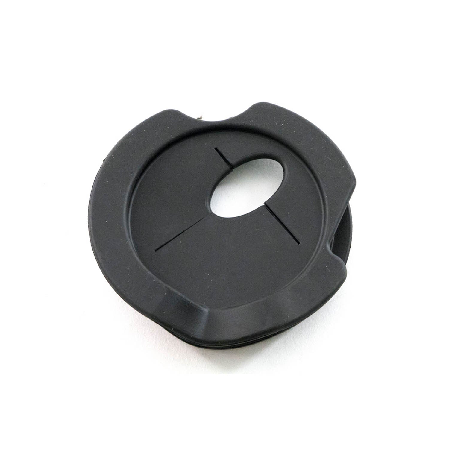 Black circular plastic lower flap block off with central oval cutout and molded details.
