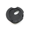 Black circular plastic lower flap block off with central oval cutout and molded details.