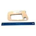 Tan rectangular gasket seal with a large rectangular cutout and a circular hole near one corner, shown next to a blue.
