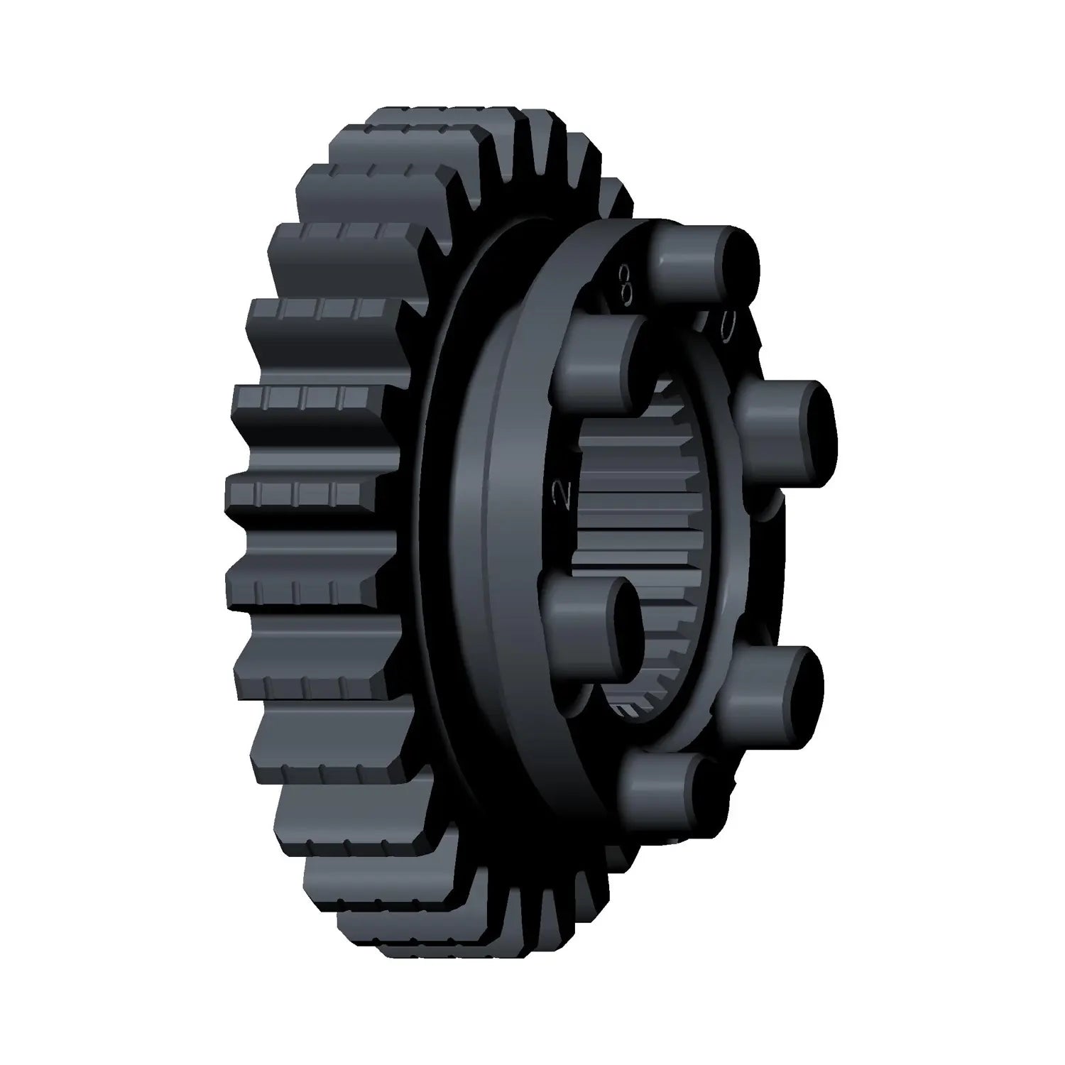Black metal mainshaft gear with evenly spaced teeth and cylindrical mounting holes.