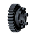 Black metal mainshaft gear with evenly spaced teeth and cylindrical mounting holes.