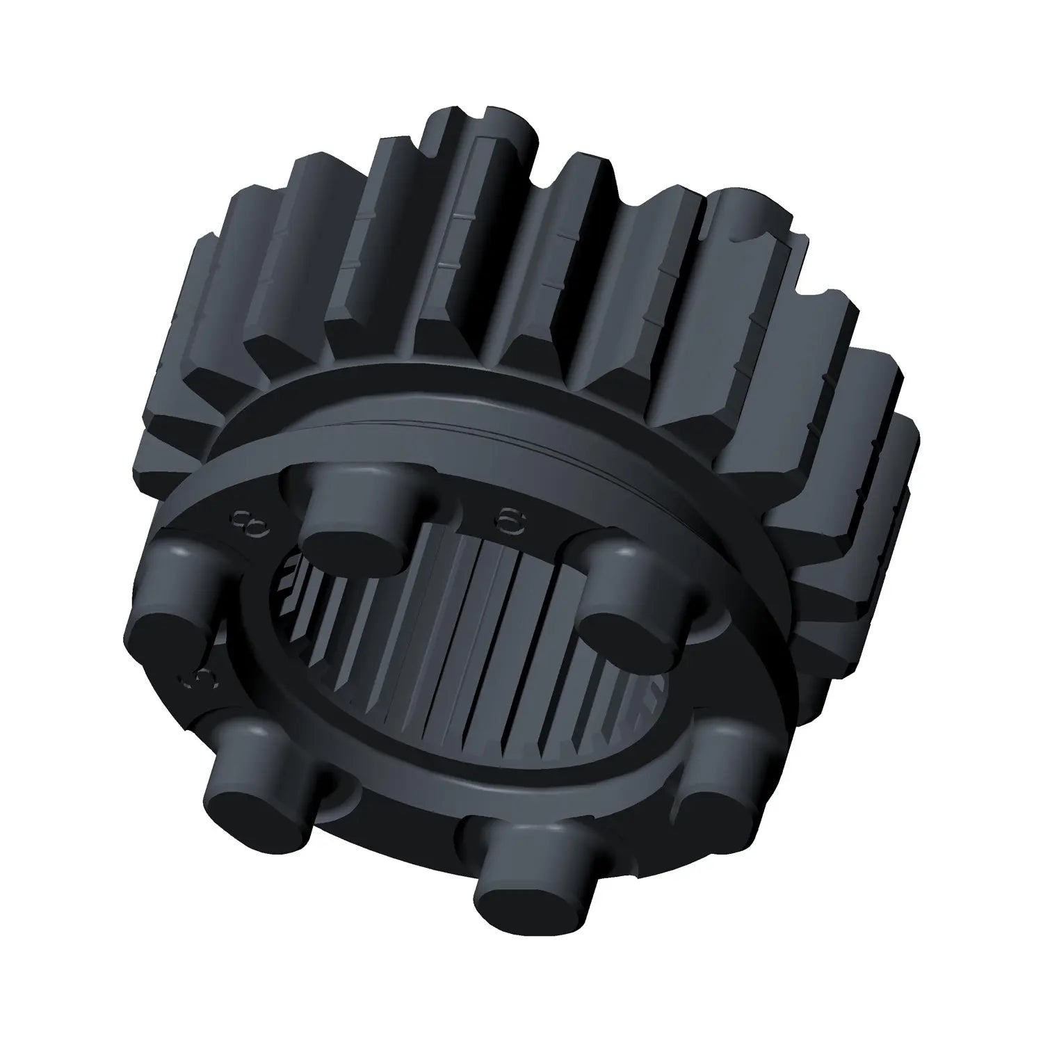 Black metal mainshaft gear with evenly spaced teeth and cylindrical inner notches for motorcycle transmission.