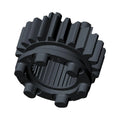 Black metal mainshaft gear with evenly spaced teeth and cylindrical inner notches for motorcycle transmission.