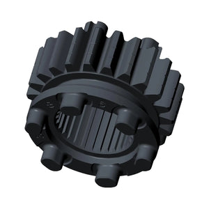 Black metal mainshaft gear with evenly spaced teeth and cylindrical inner notches for motorcycle transmission.