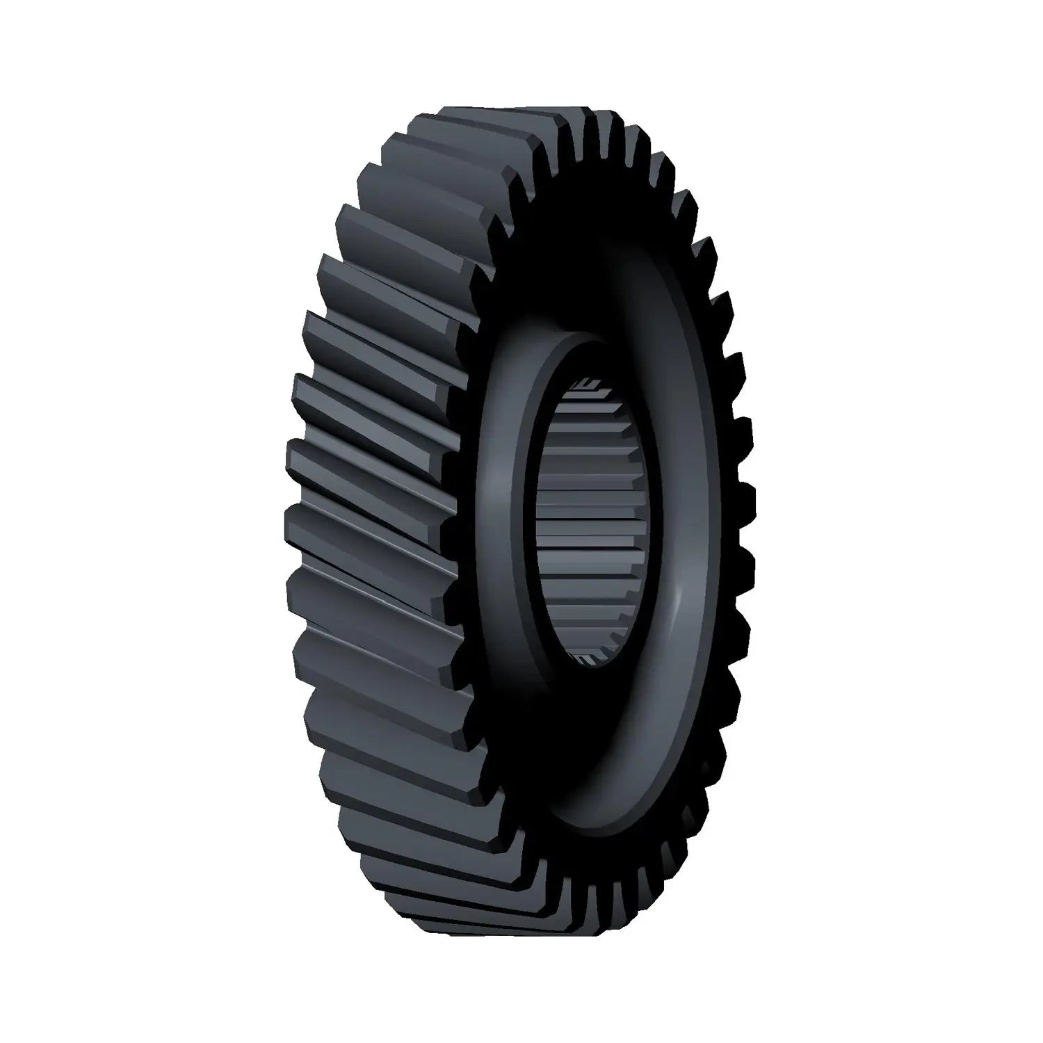 Black metal countershaft gear with external teeth and splined inner hub for motorcycle transmission.