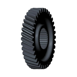 Black metal countershaft gear with external teeth and splined inner hub for motorcycle transmission.