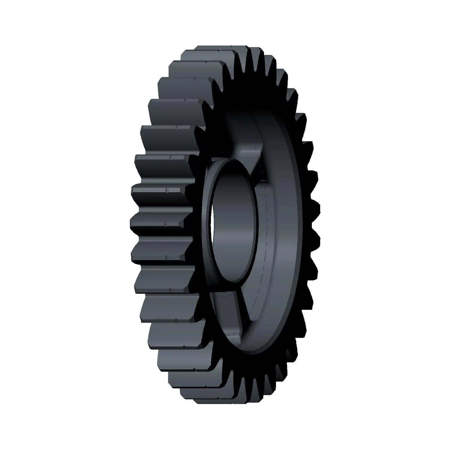 Black metal mainshaft gear with evenly spaced teeth and central hole for mounting.