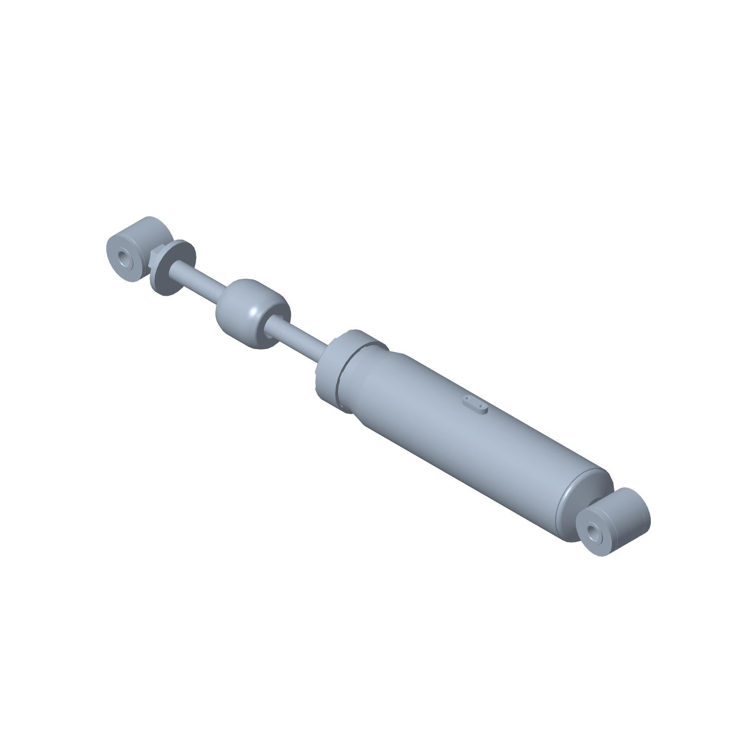 Gray metal rear shock absorber with cylindrical body and mounting eyelets on both ends.