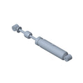 Gray metal rear shock absorber with cylindrical body and mounting eyelets on both ends.