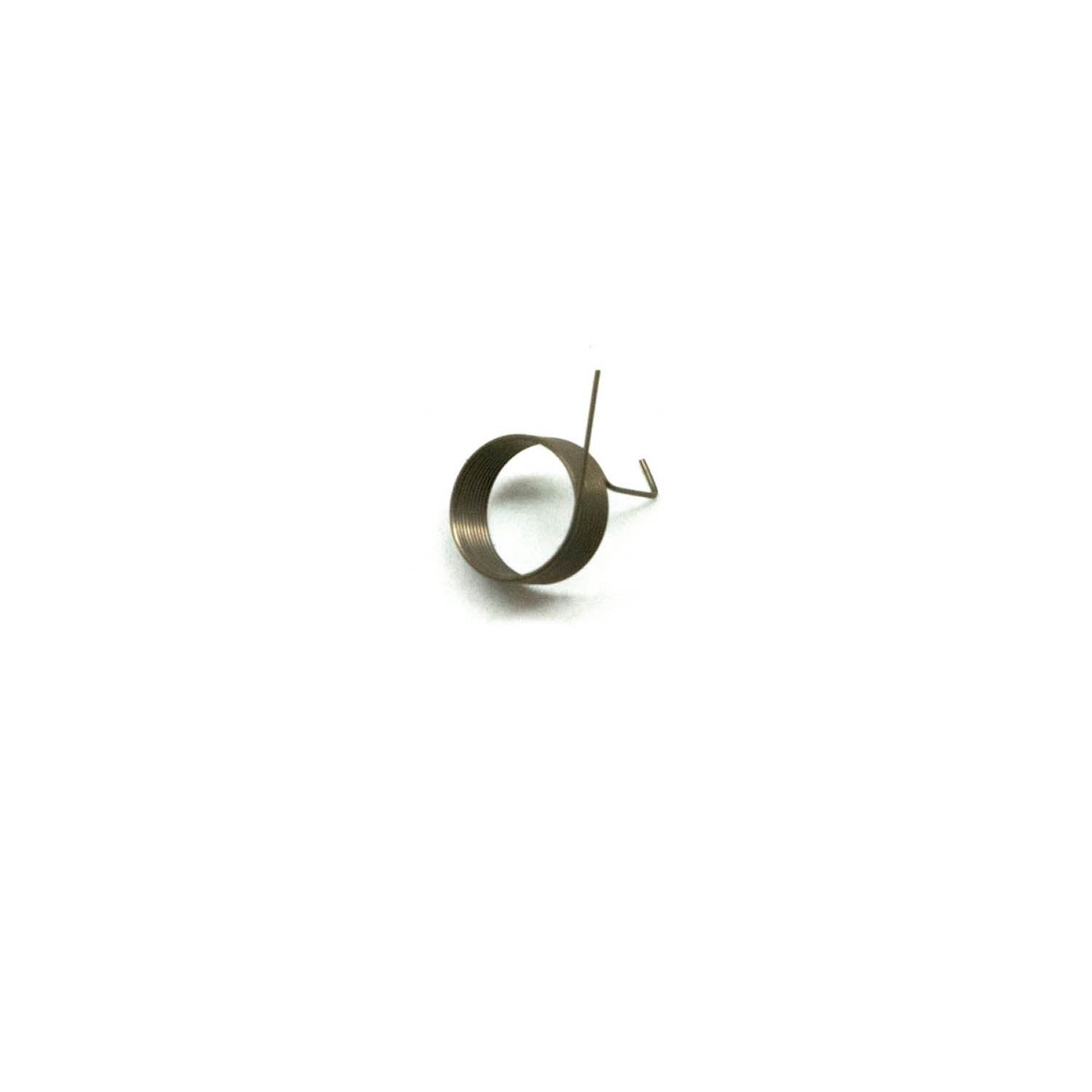 Coiled metal decompression spring with a small bent wire extension on white background.