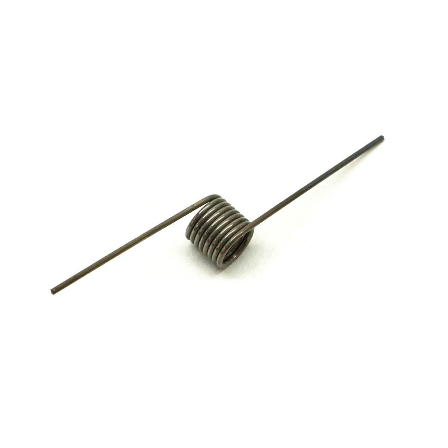 Metal torsion spring tipout with coiled center and extended straight arms on both ends.
