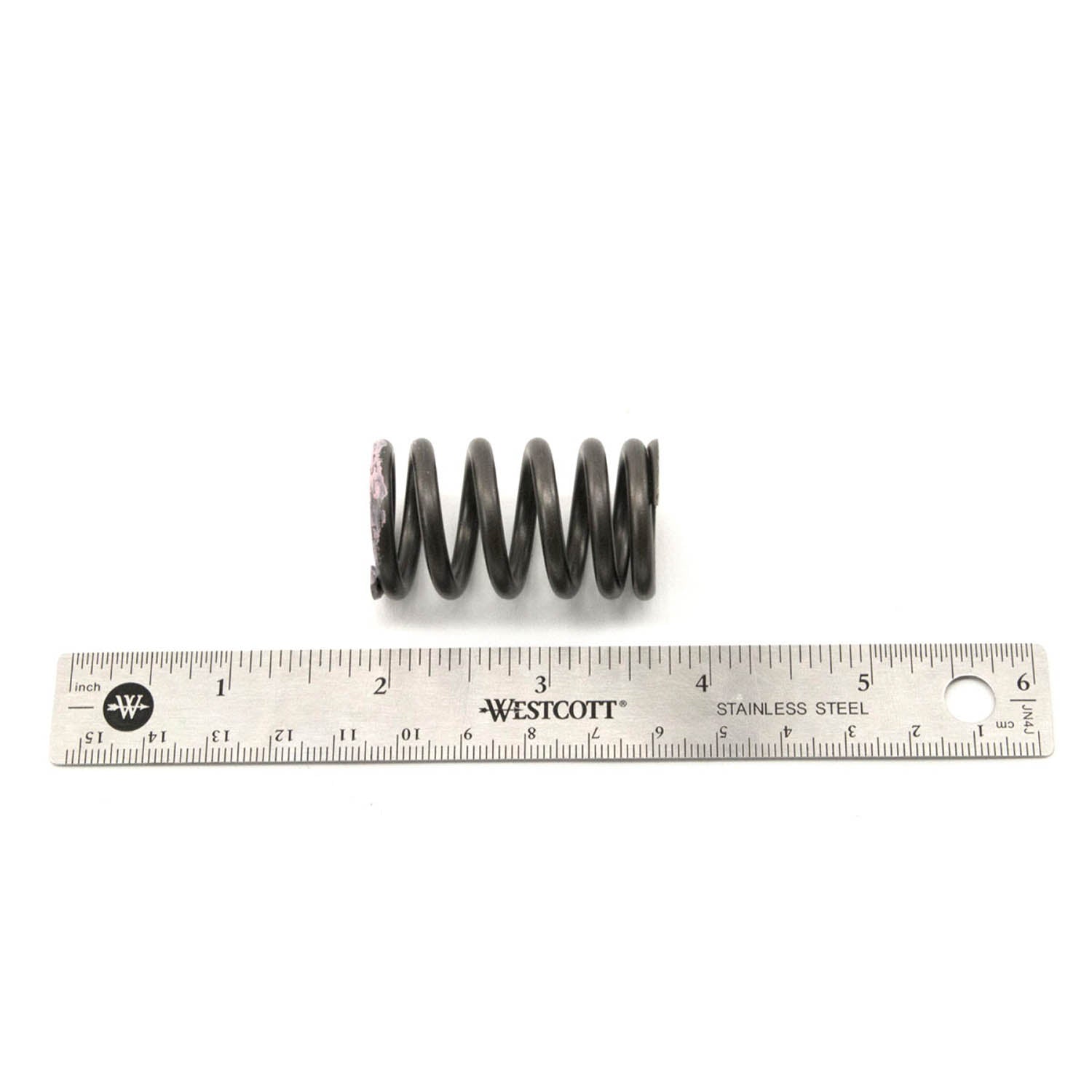 Black metal coil valve spring with seven visible coils beside a 12-inch stainless steel ruler.