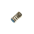 Compact metal valve spring with dark coils and blue-coated ends on white background.