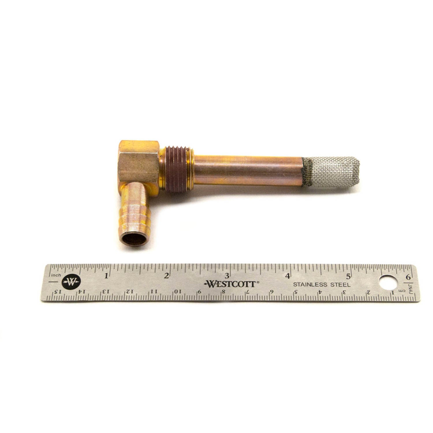 Brass and copper L-shaped oil filter screen with mesh end beside 12-inch metal ruler.