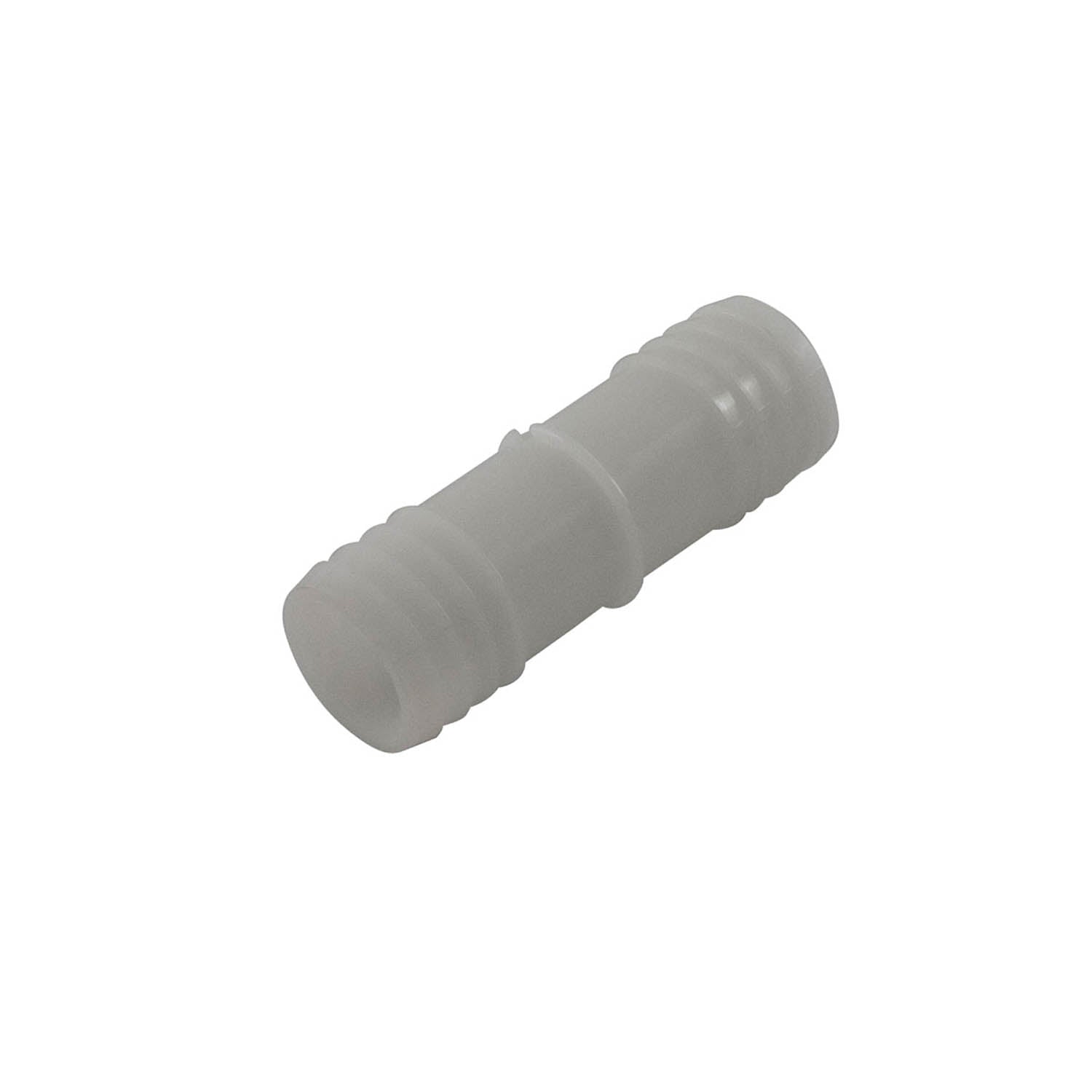 Gray cylindrical barbed splice connector with ridged ends for secure tubing attachment.