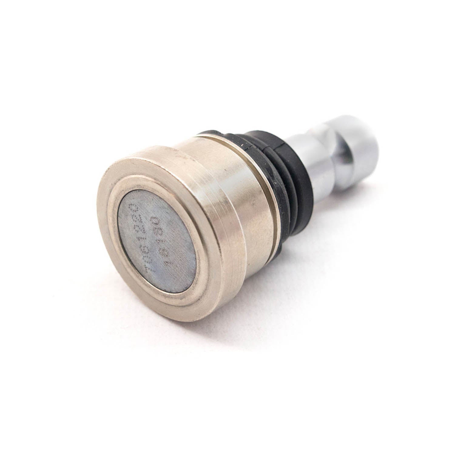 Metallic silver lower arm ball joint with black rubber gasket and smooth cylindrical shaft.