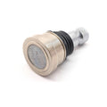 Metallic silver lower arm ball joint with black rubber gasket and smooth cylindrical shaft.