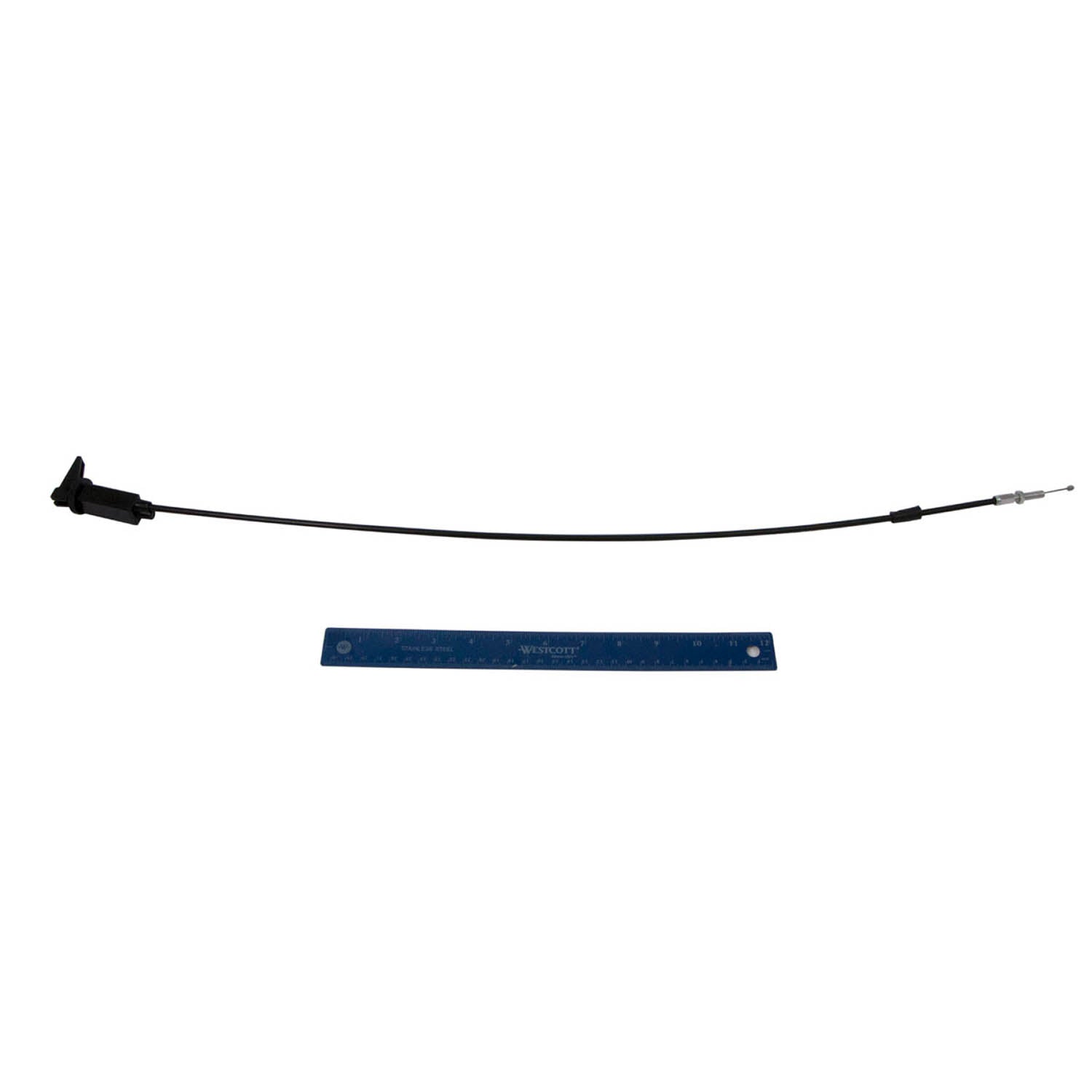 Black flexible choke cable with plastic handle and metal end tip, shown next to blue ruler for size reference.
