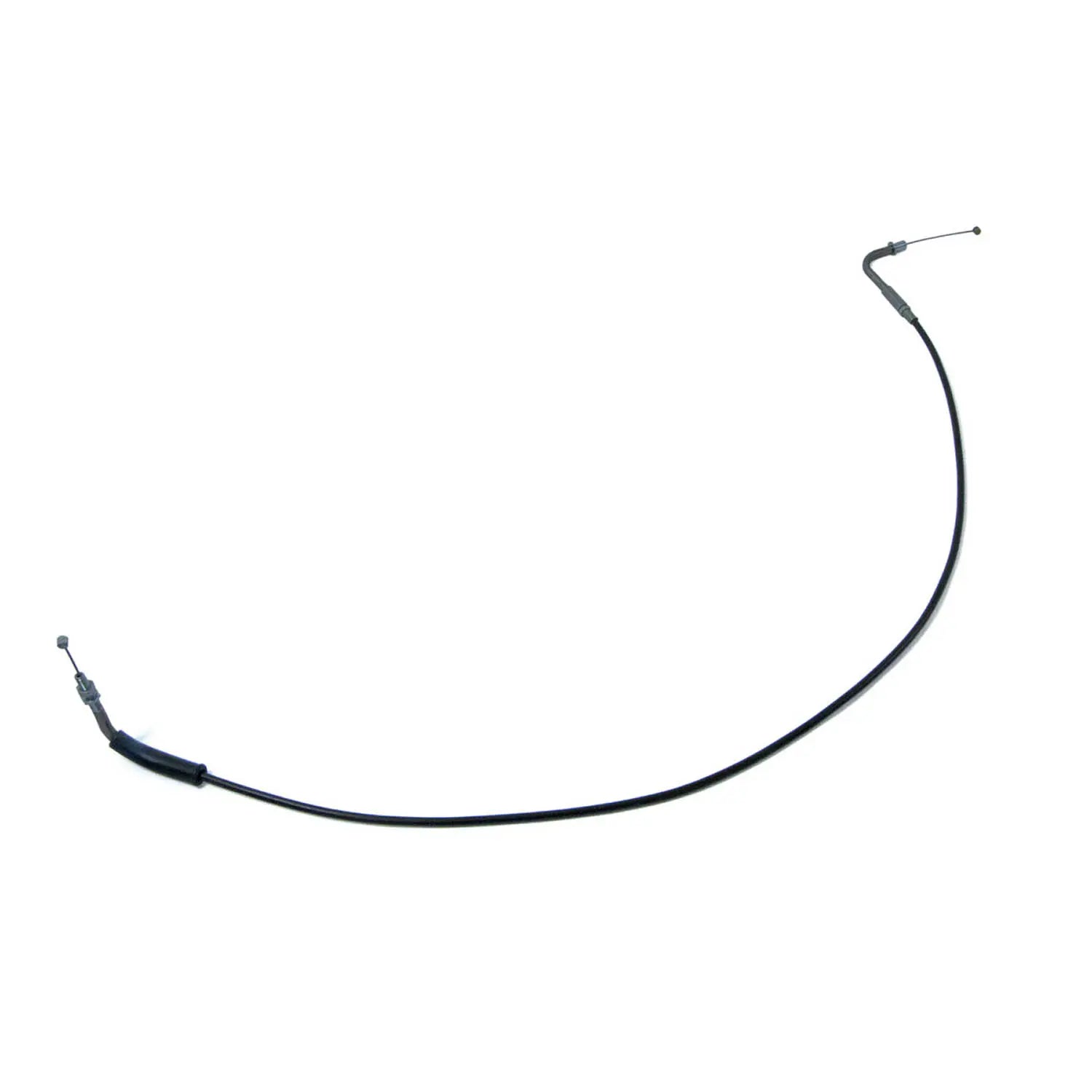 Black flexible throttle cable with metal connectors and a small cylindrical housing on one end.