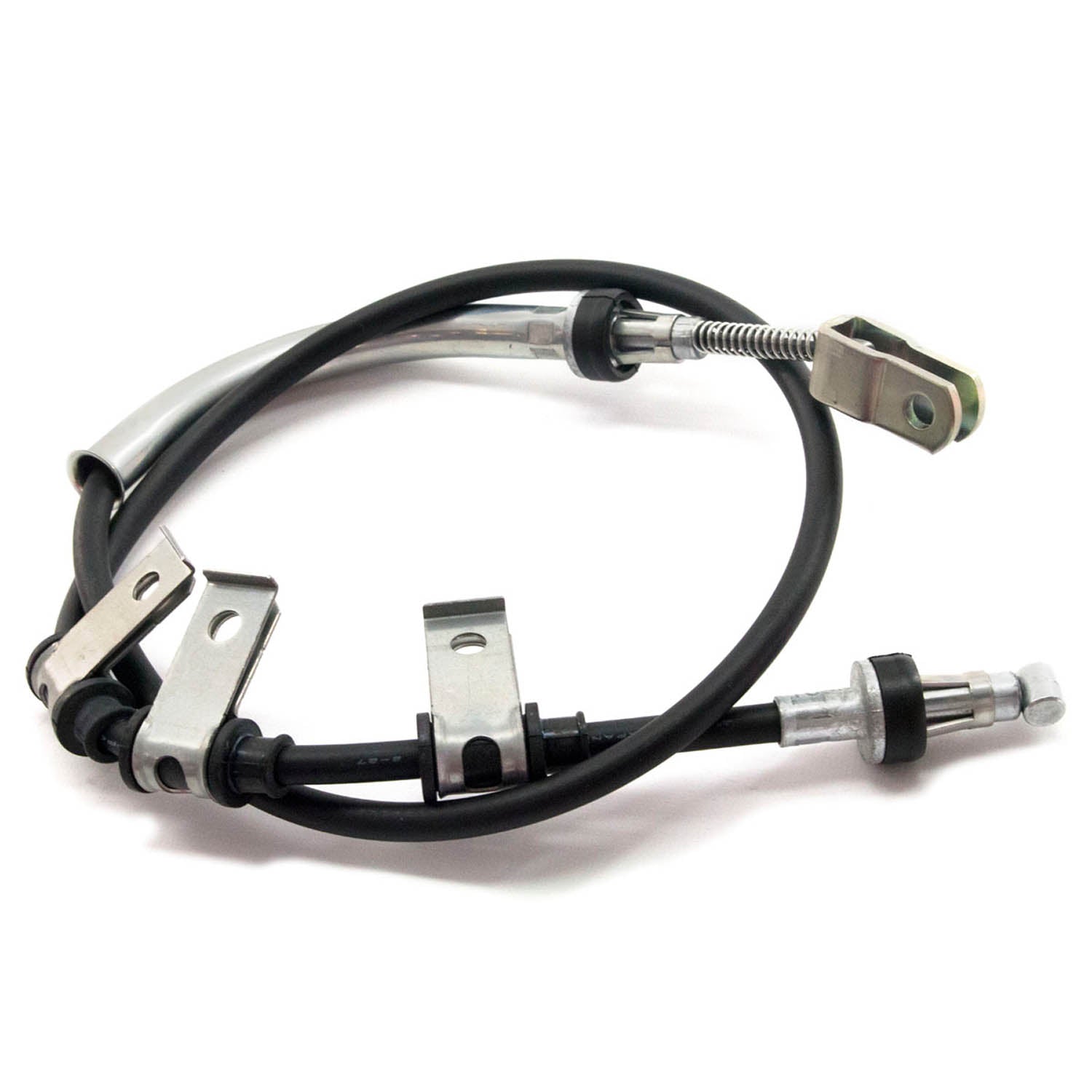 Black flexible parking brake cable with metal brackets and silver mounting hardware.